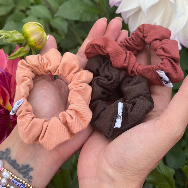 cotton / lycra scrunchies cut from scraps of all of our cute colours