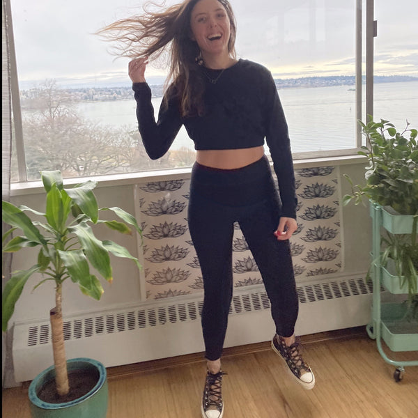 Long sleeve Crop Top + Ankle Grazer cotton Leggings. natural fiber athletics. cozy sets.