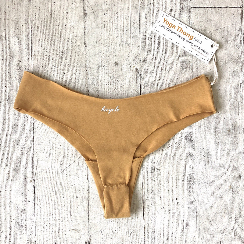 Cotton Lycra elastic-band-free g-string underwear in fawn, a honey golden colour