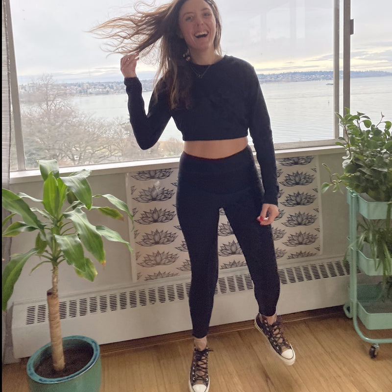 Long sleeve Crop Top + Ankle Grazer cotton Leggings. natural fiber athletics. cozy sets.