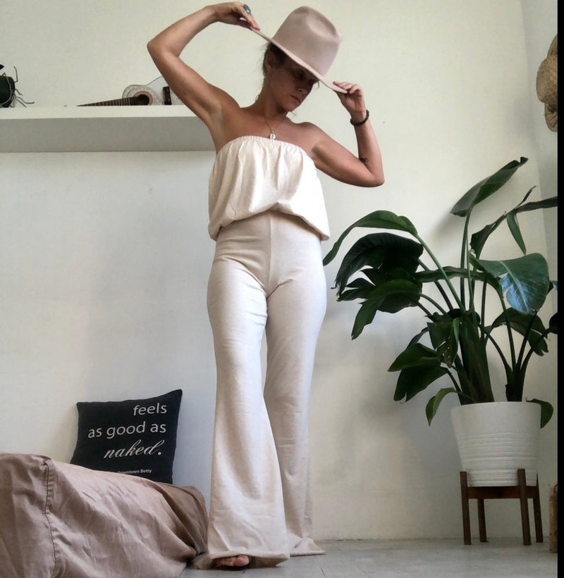 a cotton lycra onepiece outfit with bell bottoms & billowy top with tube top lining